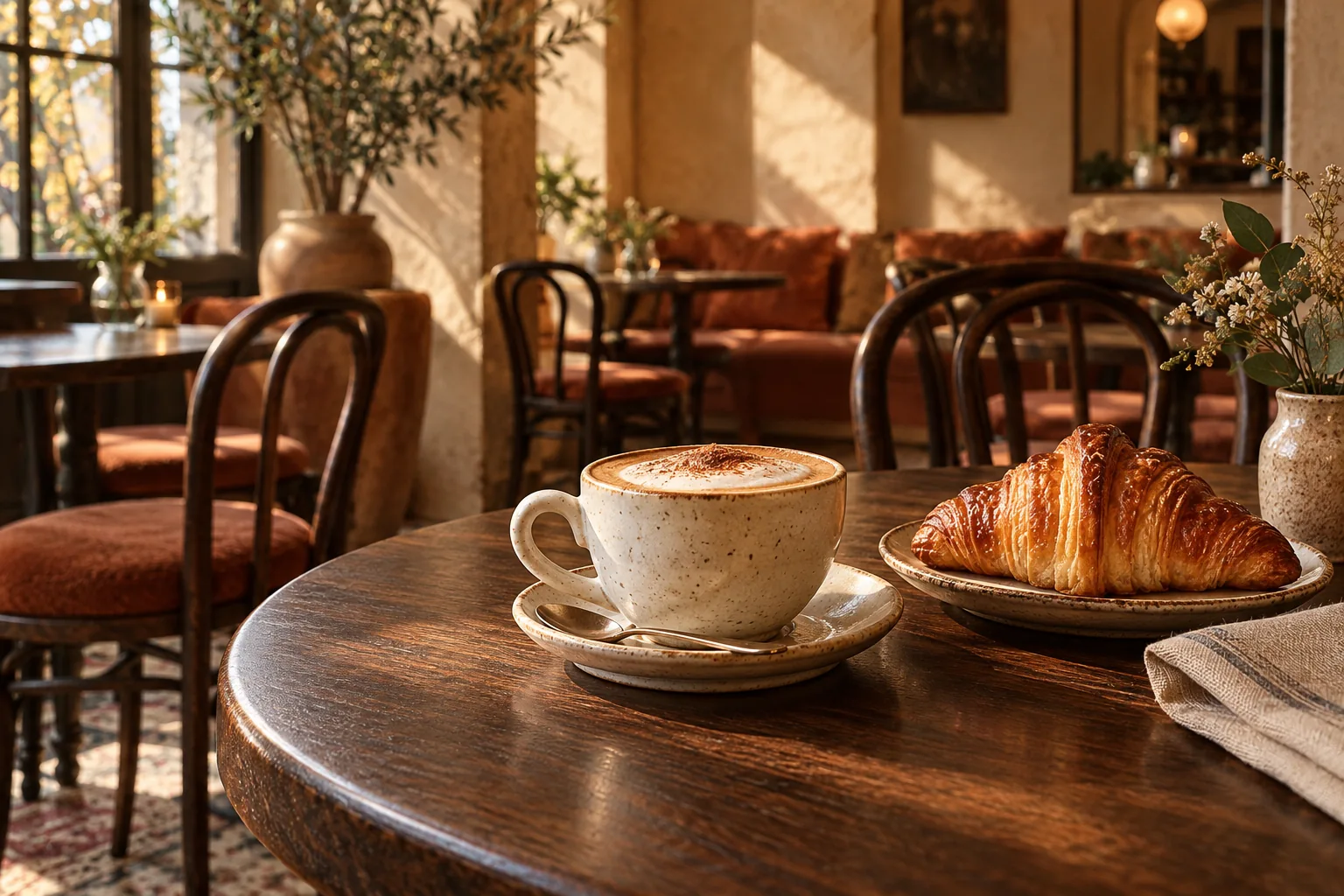 AI-generated demonstration cafe with cappuccino and a croissant on a walnut table
