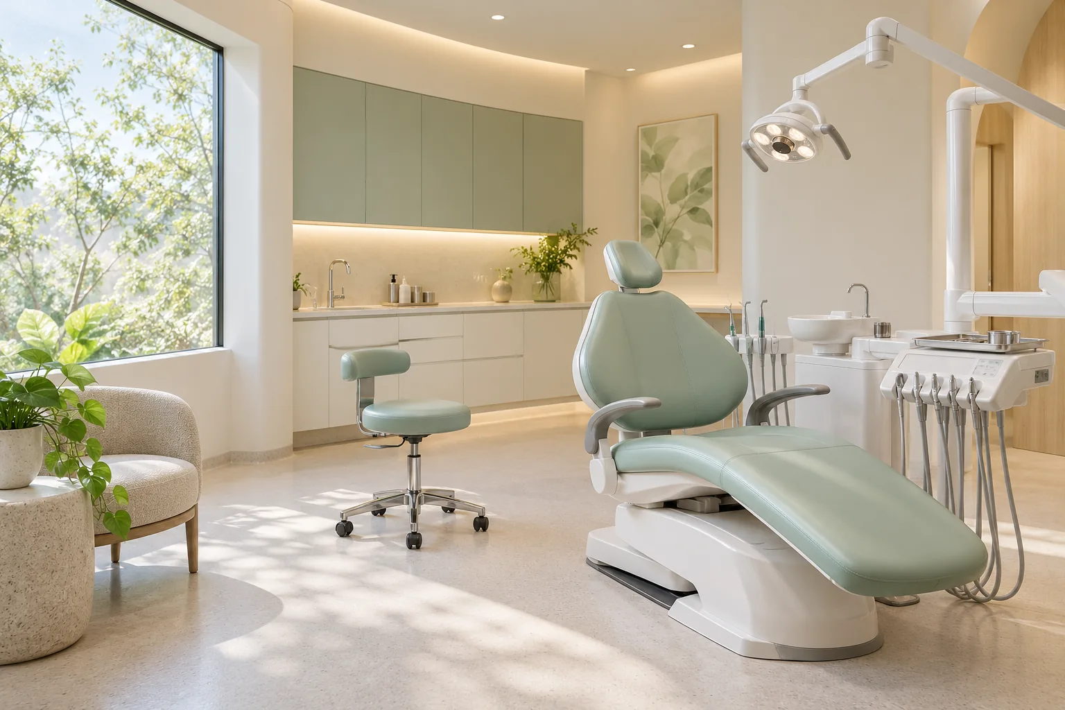 AI-generated demonstration dental room with a mint chair and natural daylight