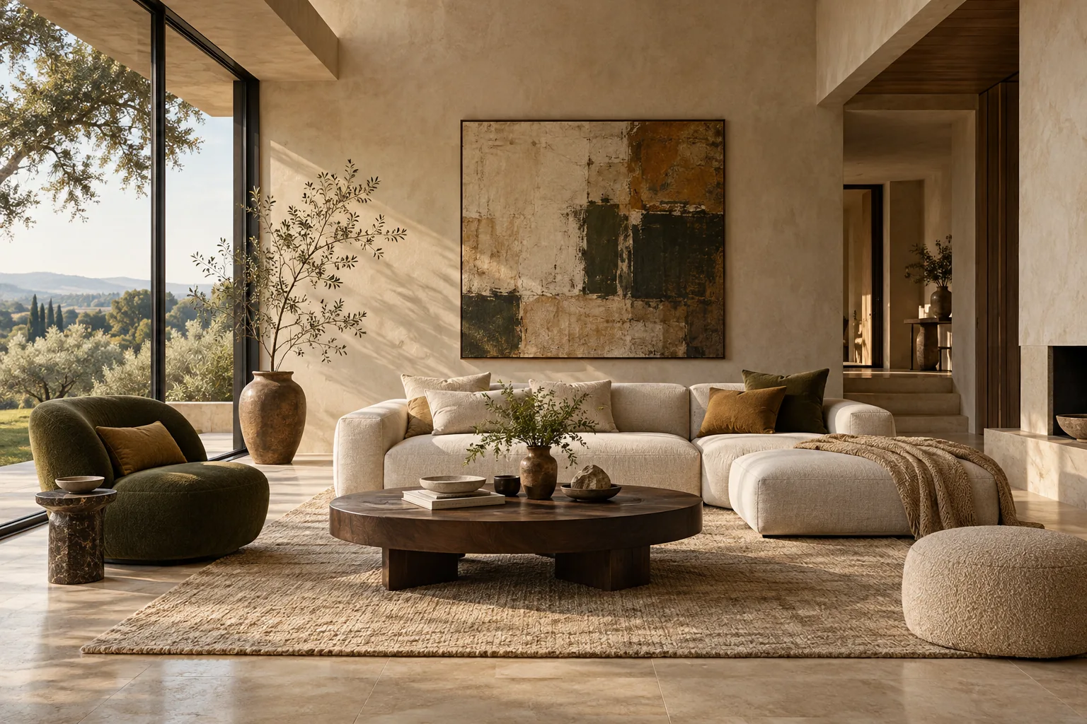 AI-generated concept interior with an ivory sofa, walnut furniture and an olive chair