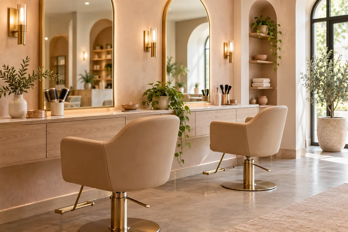 A softly lit beauty salon with styling mirrors, comfortable chairs and carefully arranged tools