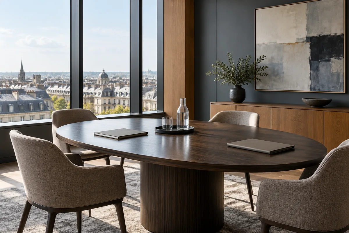 A business discussion table with planning notes, a process map and space for collaborative work