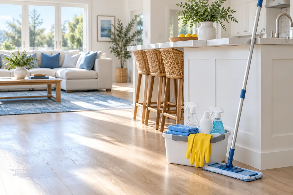 An orderly bright living space with a neatly arranged cleaning caddy and fresh uncluttered surfaces