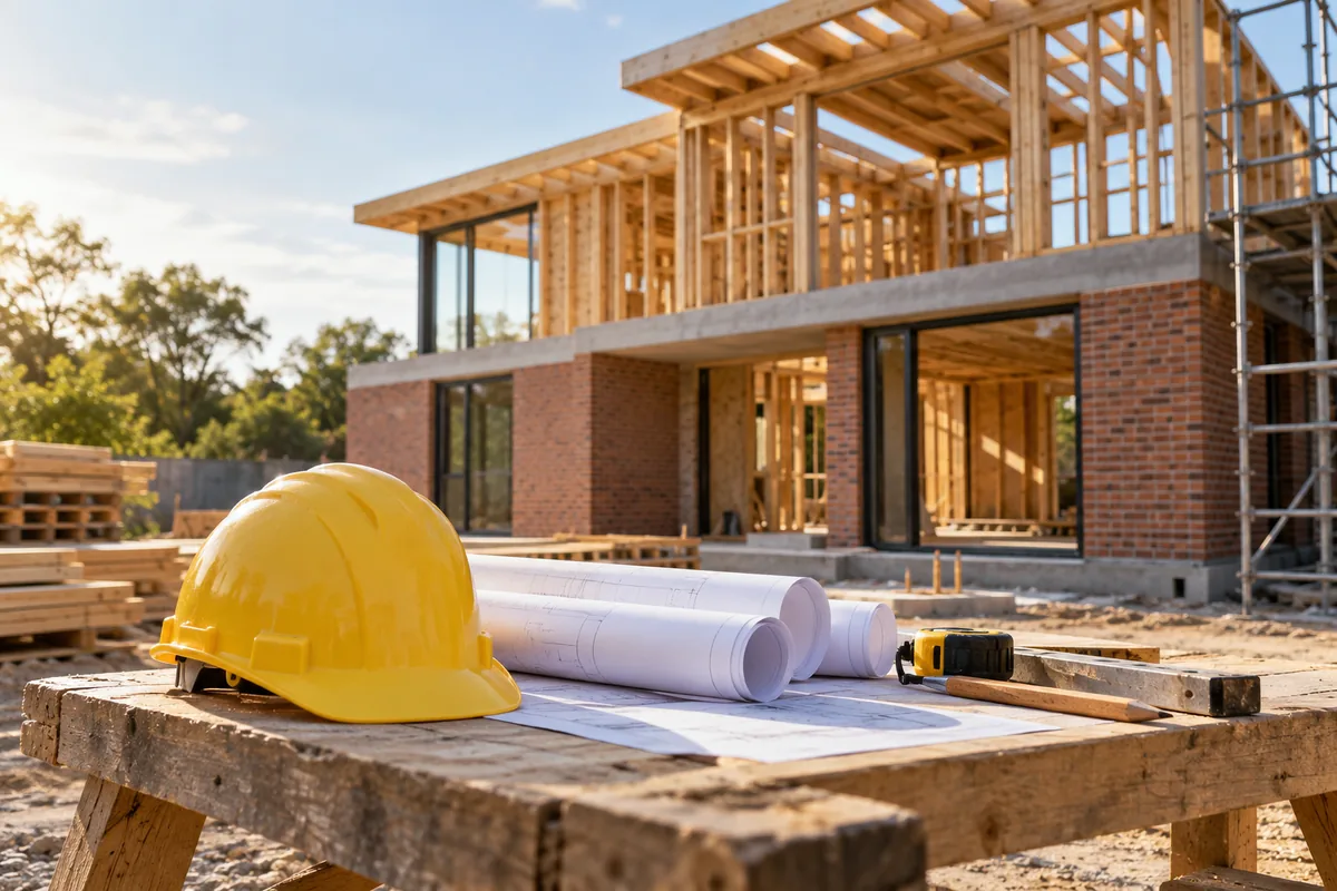 A building project with visible structural work, organized materials and an architectural planning context