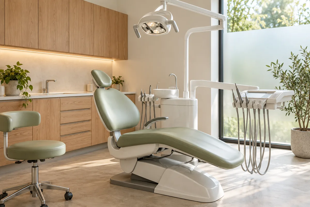 A clean contemporary dental consultation space with a treatment chair and welcoming natural light