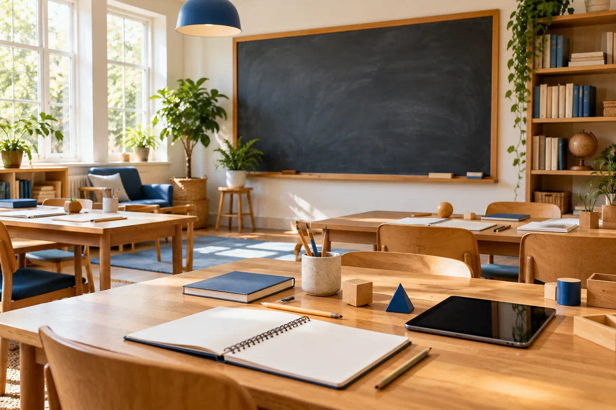 A bright learning space arranged for discussion, notebooks and practical collaborative study