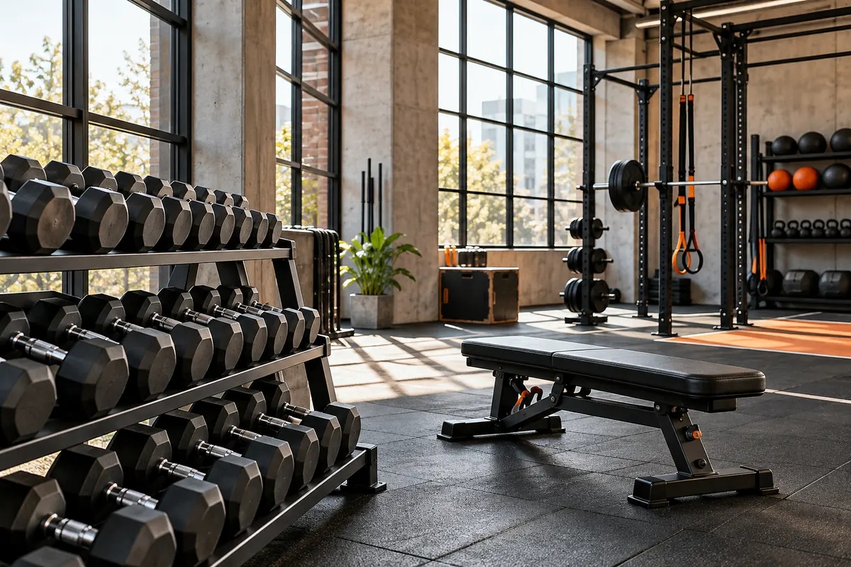 A well-organized fitness gym with training equipment, open floor space and natural light