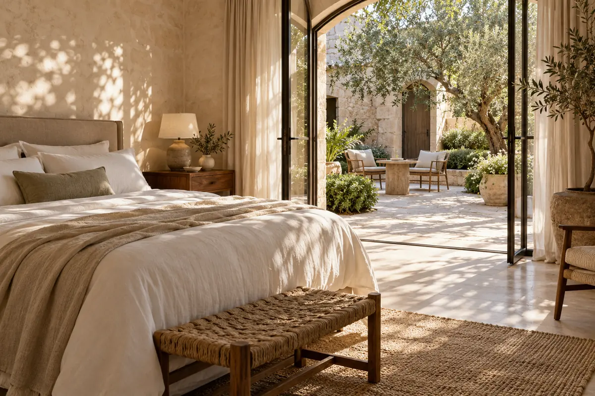 A calm hotel guest room with layered linens, warm lighting and space to settle in