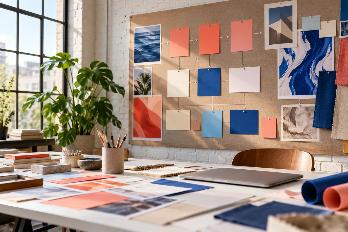 A marketing planning workspace with campaign boards, editorial notes and coordinated visual concepts