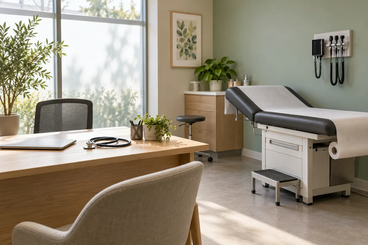 A welcoming medical consultation room with comfortable seating and a clear uncluttered workspace
