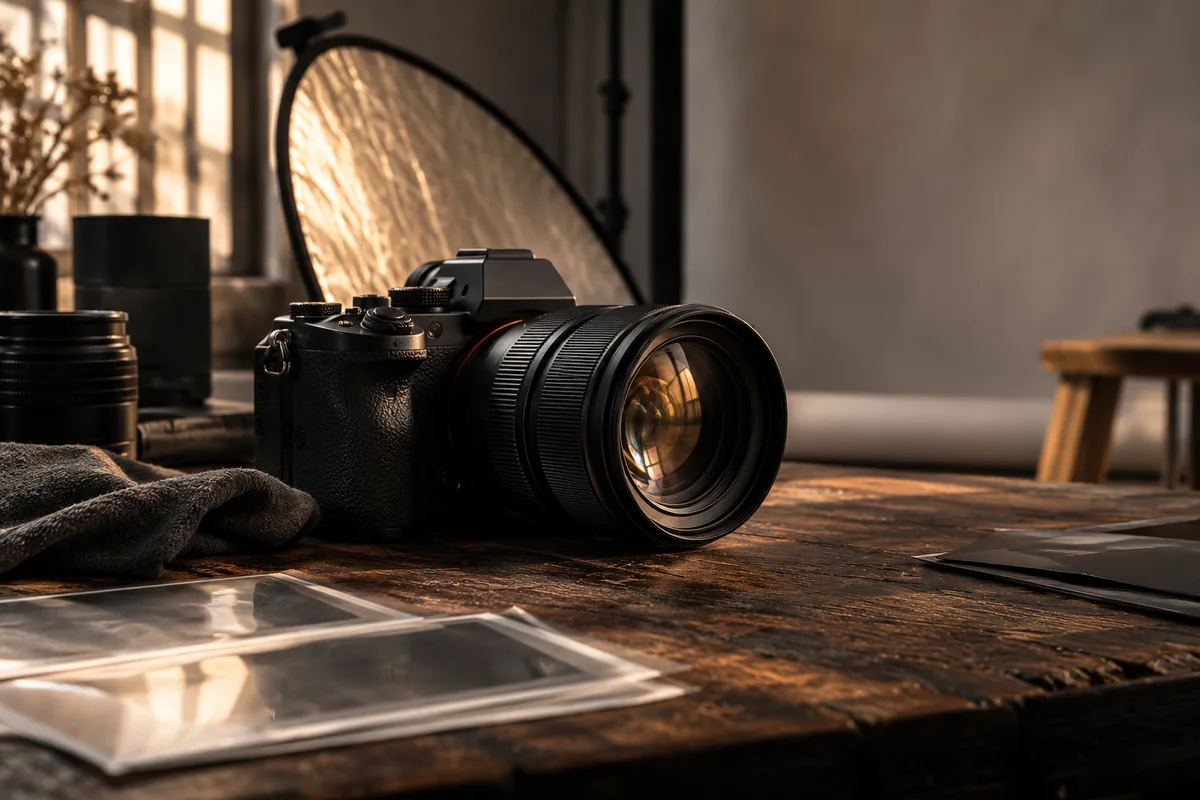 A photography studio with a camera, softly lit backdrop and carefully arranged portrait and product references