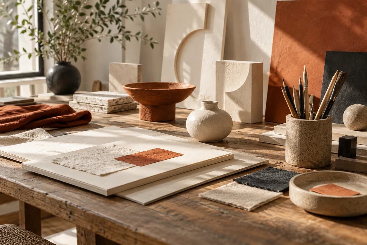 A creative workspace with visual studies, printed layouts and carefully arranged design materials