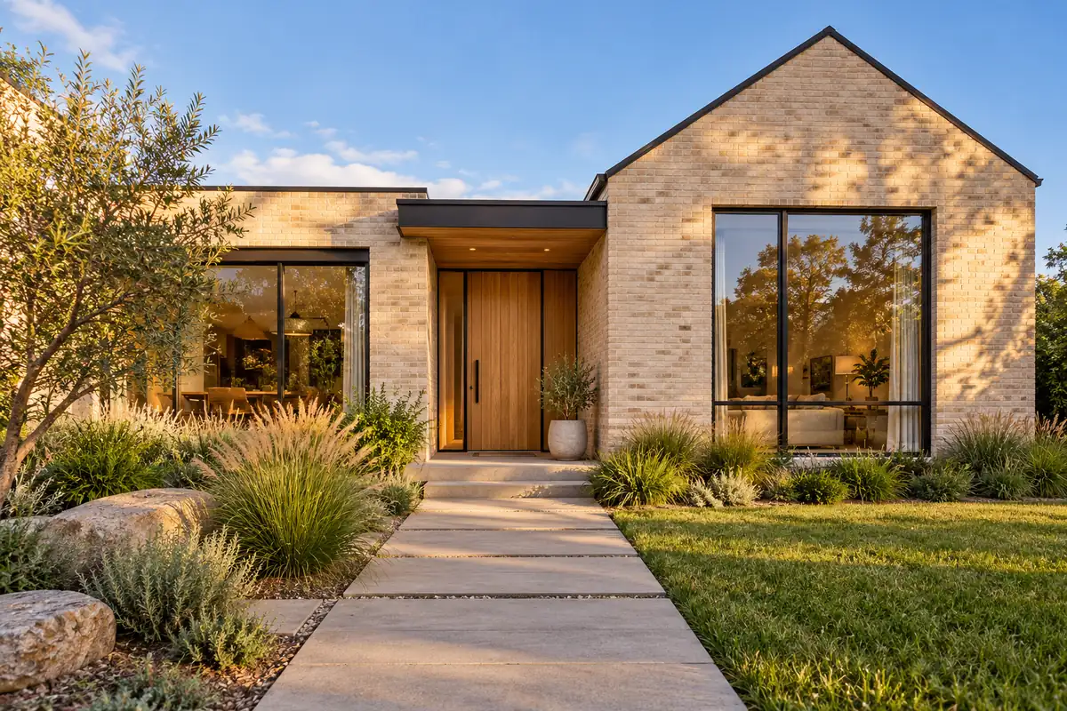 A contemporary home with an inviting entrance, clear architectural lines and surrounding greenery