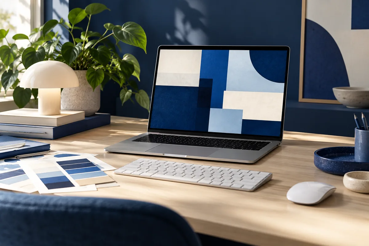 A web design workspace showing page layout studies, a desktop screen and mobile interface sketches